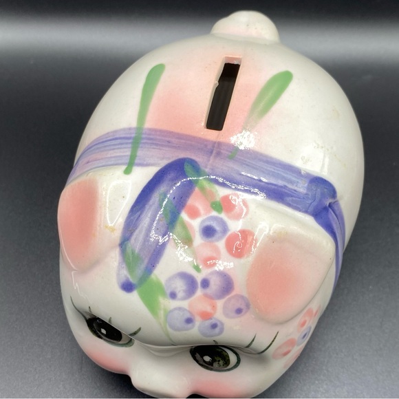 Vintage Ceramic Pig Piggy Bank Hand Painted Purple Pink Flowers And Bow - Picture 6 of 10